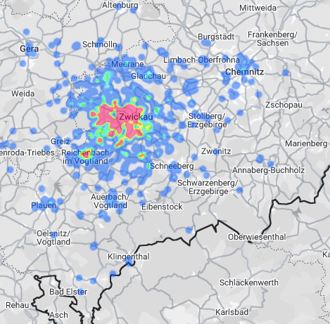 Einzugsgebiet von Textilpflege Thieme: Heatmap der Kundenverteilung um Zwickau