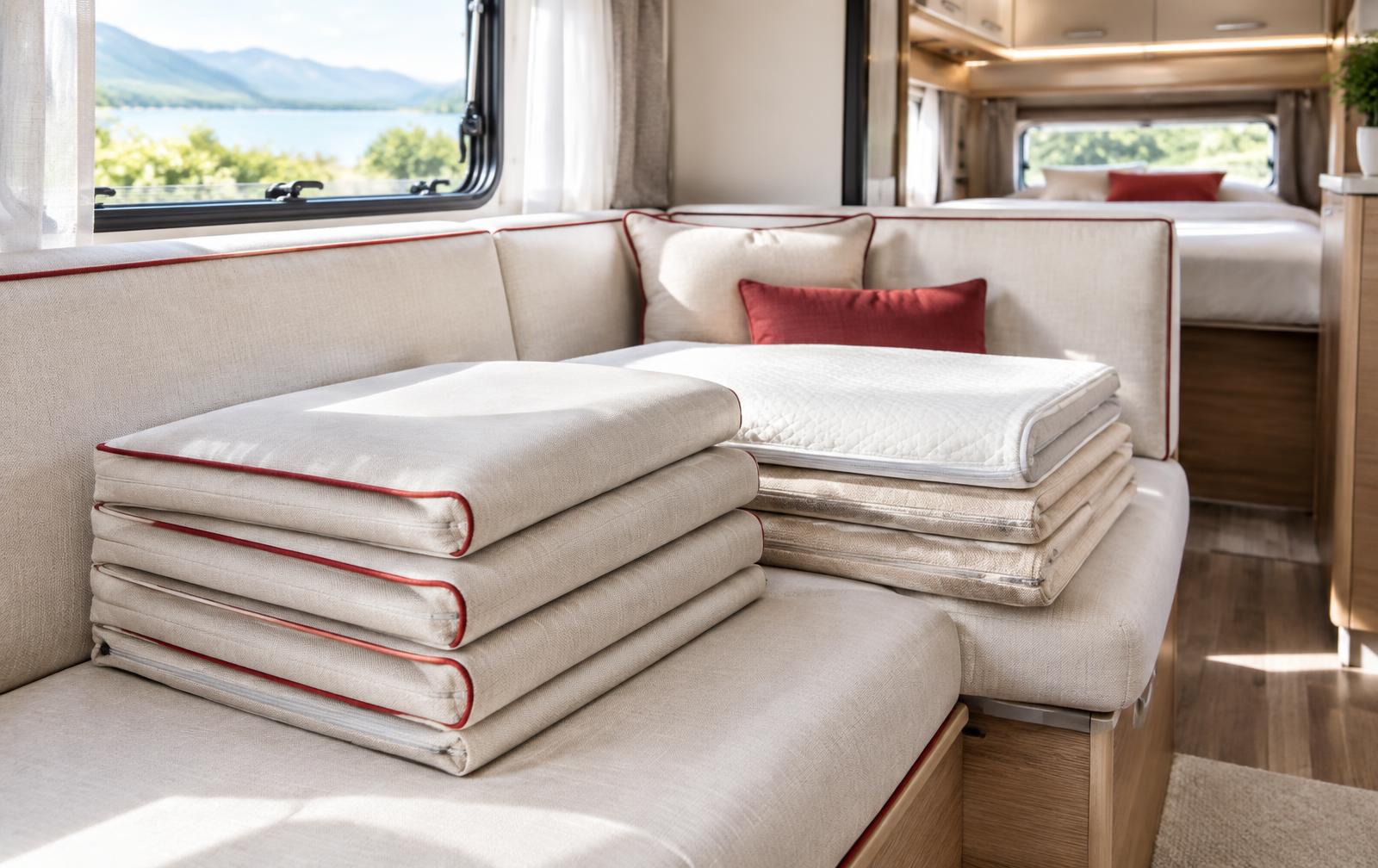 Frisch gereinigte Caravan-Polster und Matratzenbezüge in einem hellen Wohnmobil