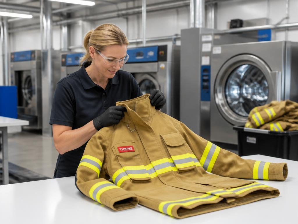 Feuerwehrjacke wird auf Schutzfunktion geprüft